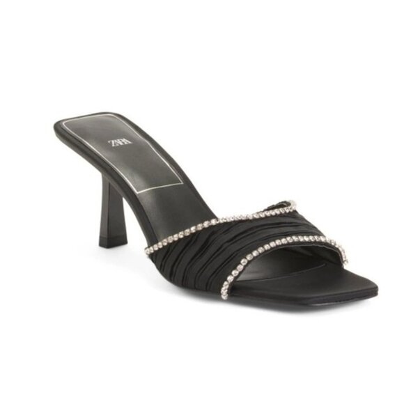 Zara Black Rhinestone High Heel Sandals Size 7.5 US 38 Square Toe Slip On New - Picture 5 of 12